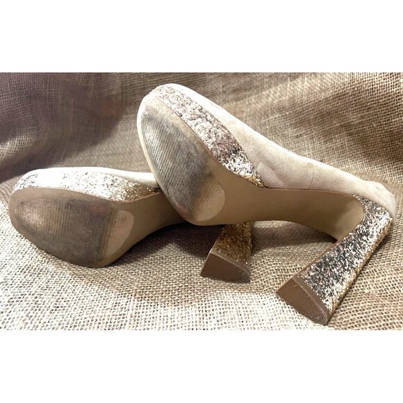 Beige Suede Platform Heels With Gold Glitter Block Heel & Sole Womens Size 6 Sty - Picture 4 of 9